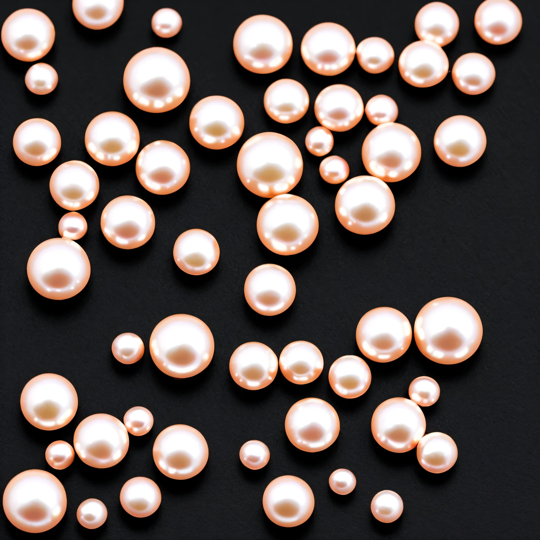much pretty, pink pearls ,perfect, various pearls, on a( black,dark backgorund). clean background, only pearls, no jewelery, spilled out pearls,