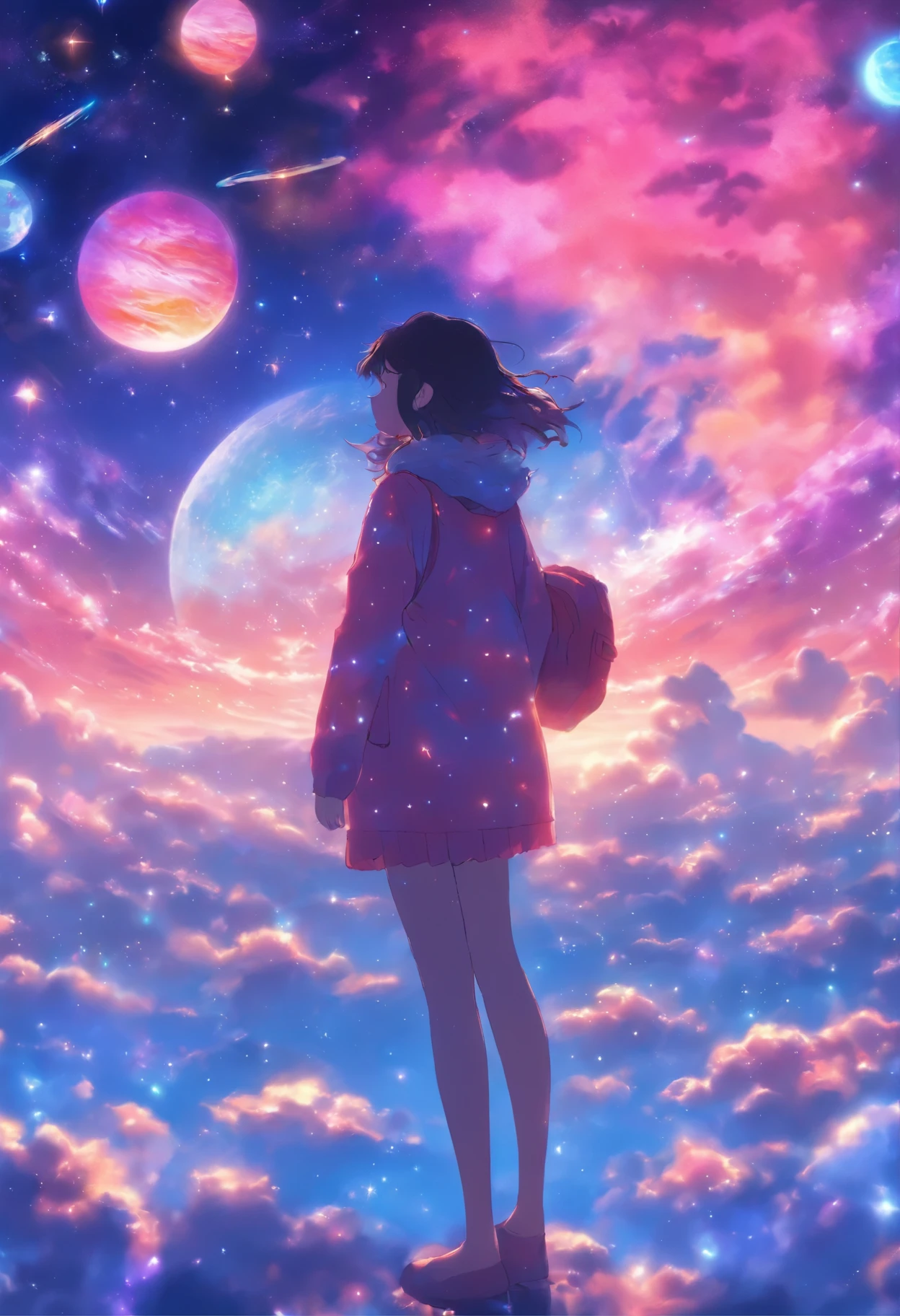 A quiet city at night with falling powder snow, a magnificent landscape of planets and the moon, soft facial expressions, wrapped in the soft winter breeze, a magical and beautiful time passing by, the back view of a female teenager, a gentle time with cats, space and Starry sky, exaggerated identity, powerful yet gentle, refreshing pastel colors, purple and yellow, anime, a scene from a picture book, modern animation
Angle looking up at the earth Animation, super delicate, 8K 4K modern animation(高品質, 4K, 超詳細な, 現実的な:1.37), 美しい星, 見事な夜空, グリーンランドの信じられないほど詳細な星座, 銀河, きらめく星, 幻想的なオーロラ, 魅惑的な夜景, 息を呑むような夜空, 臨場感あふれる星空観察体験, 鮮やかな色, 柔らかな月明かり, 微妙なグラデーションの色合い, 雰囲気の照明, 長時間露光撮影, 平和で穏やかな雰囲気猫、オレンジ、かわいい、大きな目、傑作、満月、anime - style scene of a beautiful sky with a star and a planet, cosmic skies. by makoto shinkai, anime art wallpaper 4k, anime art wallpaper 4 k, anime art wallpaper 8 k, anime wallpaper 4k, anime wallpaper 4 k, 4k anime wallpaper, anime sky, amazing wallpaper, anime background, heaven planet in background, anime background art
