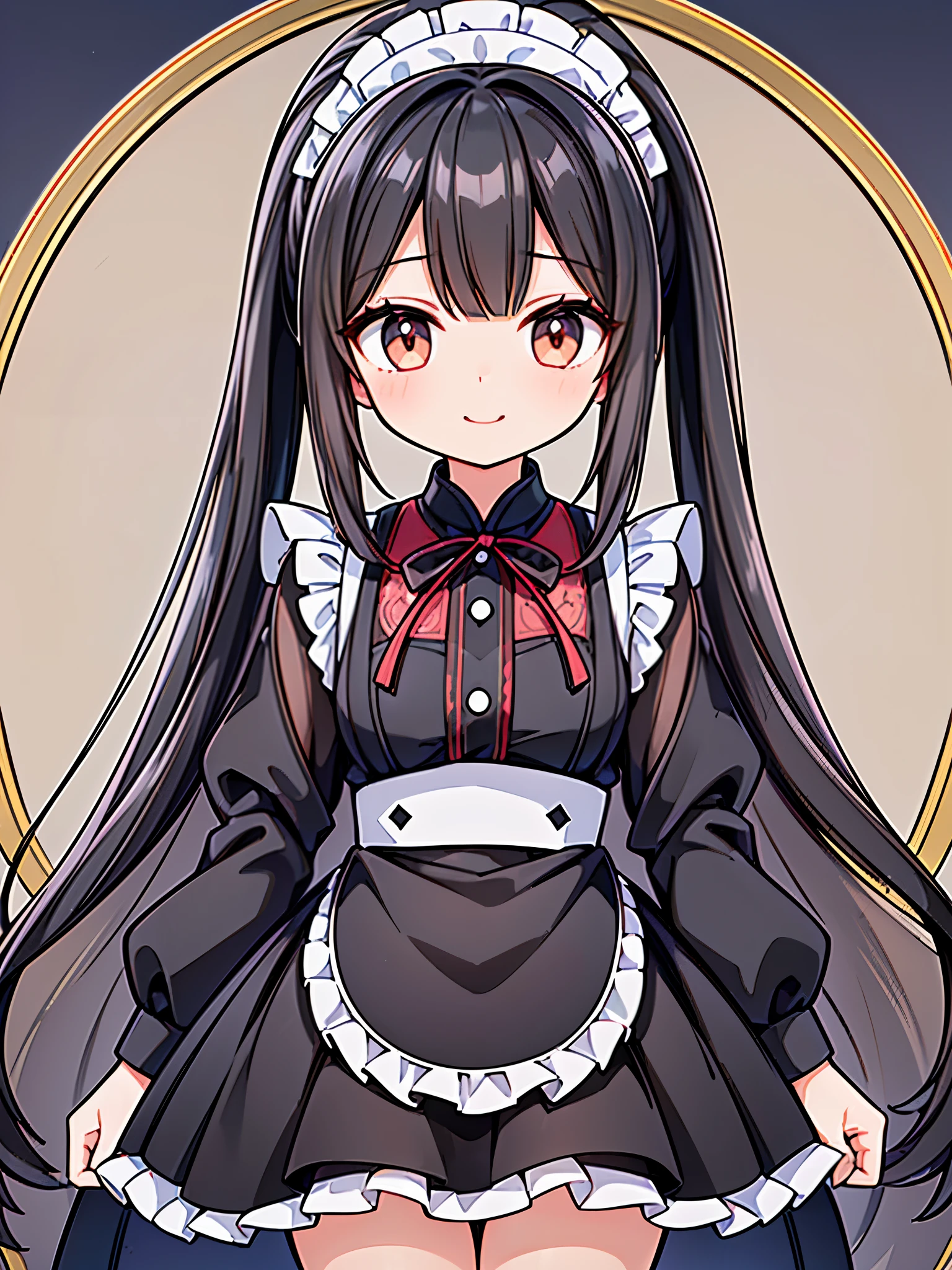 ((highest quality)),(ultra high resolution),(Super detailed),(detailed description),((best CG)),(best work of art),super precision art,great drawing art,(Art with precise details:1.5), (1 woman:1.5),maid:1.5,Beautiful face 1.5,natural makeup:1.6,full of confidence々the smile of:1.4,(long black hair with luster:1.4,ponytail:1.4),(非常に緻密で詳細に描写されたmaid服:1.6,Circular skirt:1.4), luxurious interior:1.6