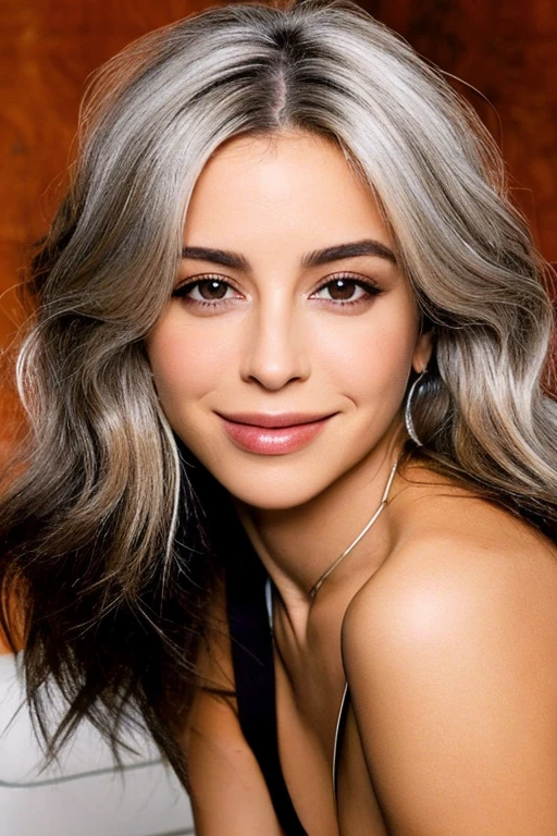 Mujer hermosa con rostro rectangular obalado con largo cabello gris posando para una foto., pelo largo y blanco, Cabello largo y lacio plateado, con el pelo largo y blanco, chica de pelo plateado, , con pelo largo y blanco, pelo largo plateado, pelo largo plateado, cabello blanco, chica de pelo plateado, pelo largo, pelo largo con , chica perfecta de pelo blanco sentada en sala mediana con television de fondo , foto realista ,tetas vips ,obra maestra, foto profesional de cuerpo entero mujer atractiva, toned physique , alta calidad ,sombras detalladas , foto realista ,foto realista , Camera 5 meters away , sitting in an armchair looking towards the camera with a smile sideways posture