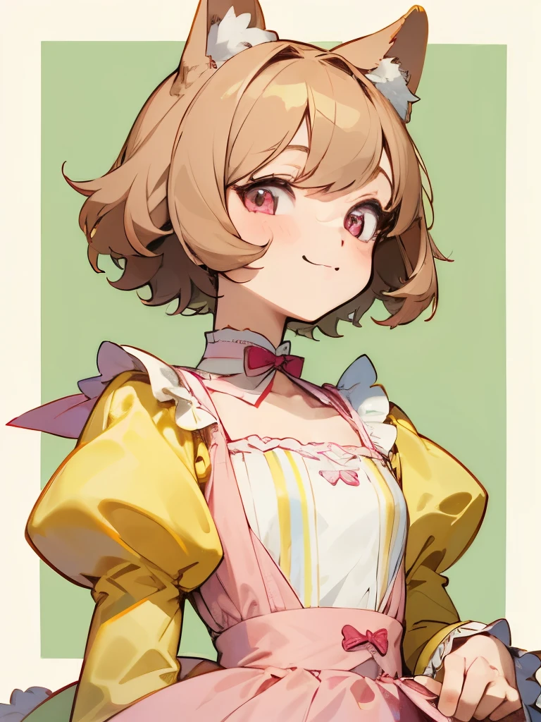 Perfect, masterpiece, anime girl, trap, femboy, cute femboy, kawaii, front facing, short hair, light hair, pink eyes, light pink eyes, blush, smiling, ,facing towards camera, looking forwards, looking at viewer, dog ears, dressed in yellow, vintage clothing, profile, front facing, bust up, vtuber, original character, flat chested, facing camera, anime style, soft colours, close up, soft colours, soft shading, watercolour, light brown hair, pale eyes, light coloured eyes, pastel, wearing yellow vintage dress, wearing yellow clothing, lolita style, cute 