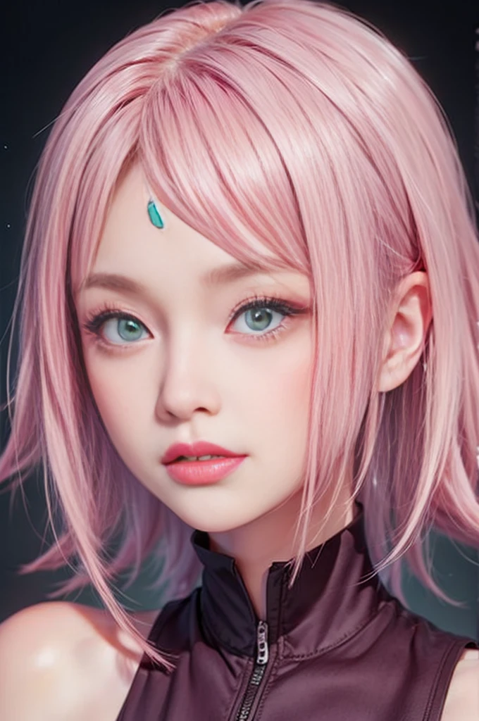 Young woman, porcelain skin, short pale pink hair, heart-shaped face, wide forehead, thin pink eyebrows, big jade green eyes, long eyelashes, buttoned nose, peach lips, red vest, Sakura Haruno, 3d, realistic, realism, high focus, details