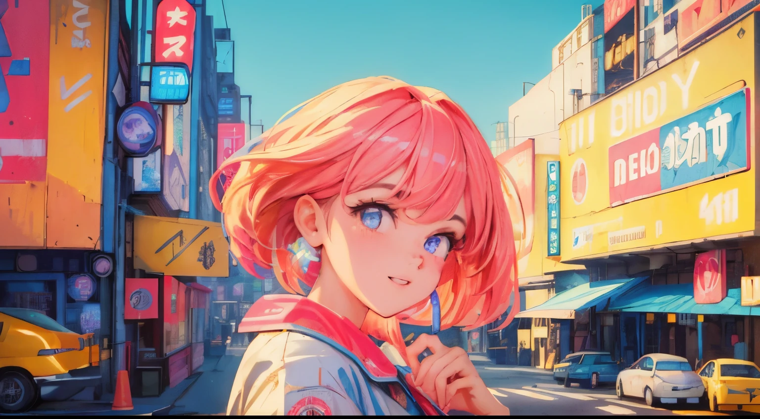 best quality, 4K wallpaper, masterpiece, extremely detailed CG unity 8k wallpaper, extremely detailed eyes, ultra-detailed, intricate details, close up 1 happy girl in center, retro art style, neon_pop art style, public, outdoors, road sign, city, people
