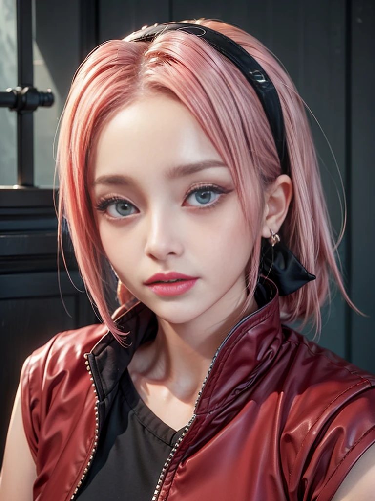 Young woman, porcelain skin, short pale pink hair, heart-shaped face, wide forehead, thin pink eyebrows, big jade green eyes, long eyelashes, buttoned nose, peach lips, red vest, Sakura Haruno, 3d, realistic, realism, high focus, details