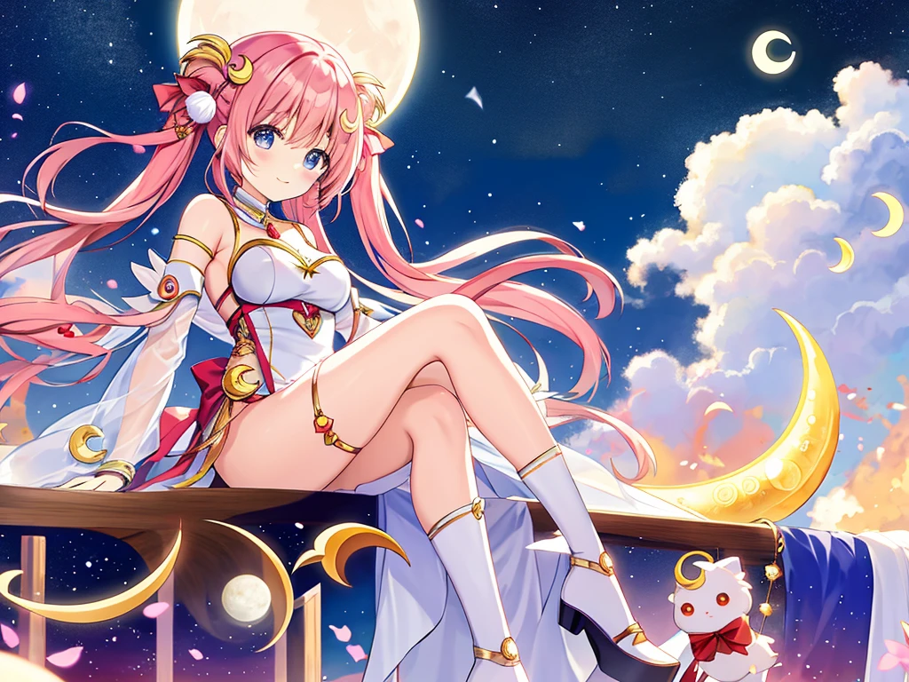 dream、A cute  sitting on a model of a large crescent moon、An illustration、anime、goddess of the moon、Artemis、