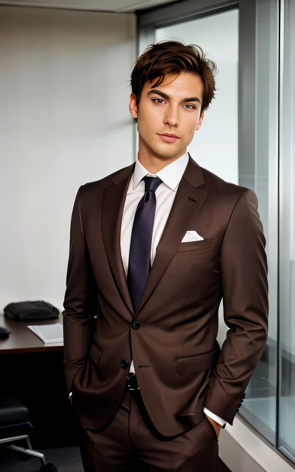 1 man, Short Hair, dark brown eyes, in an office, suit and tie, Western European, brown background photoshoot. 