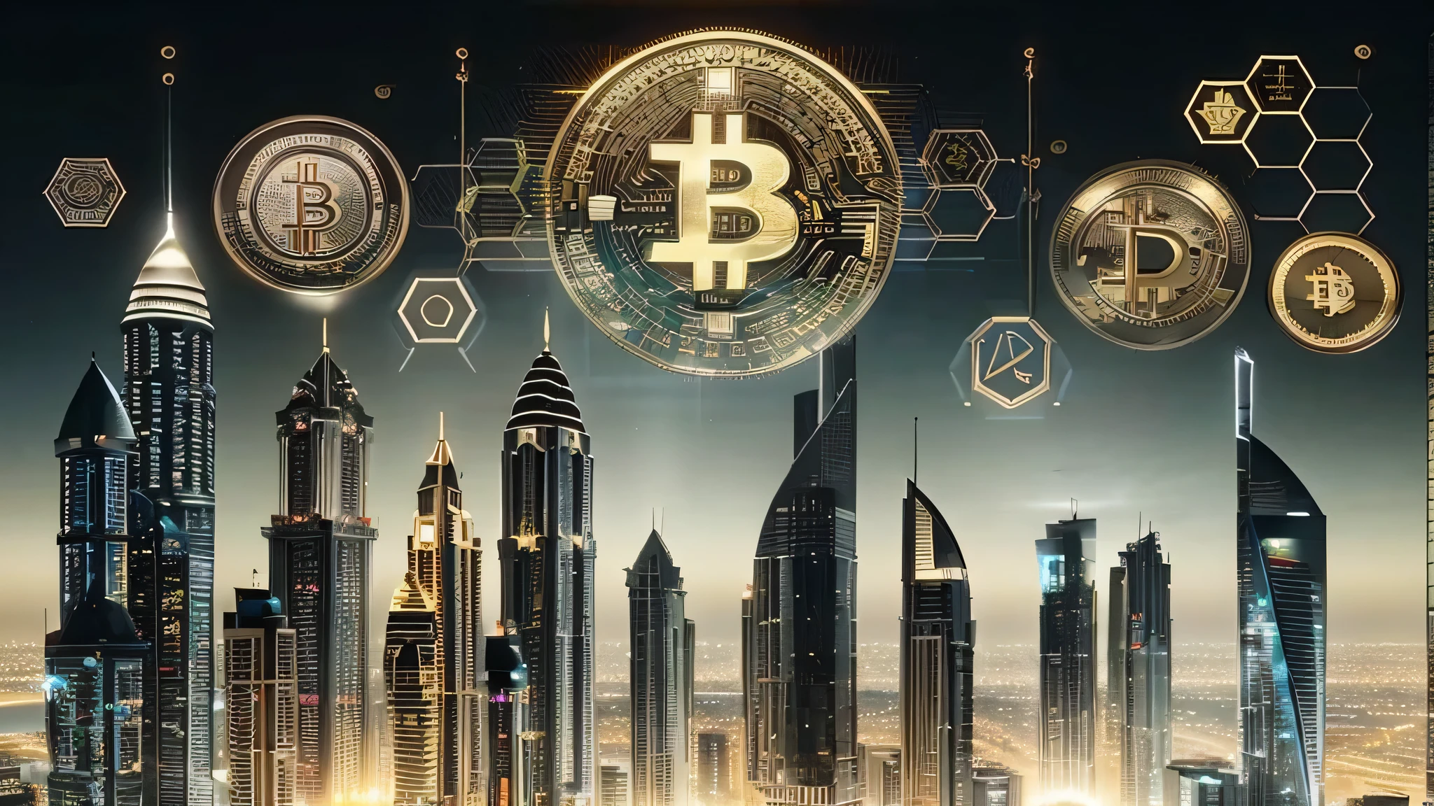 a close up of a city with a lot of bitcoins in the sky, cryptocurrency in the background, cryptocurrency, crypto, giant crypto vault, dubai, crypto valut, bitcoin, skyscrapers in the background, recognizable, blockchain vault, blockchain, by Mario Dubsky, cityscape, surrounding the city, city of the future, city backdrop, the future