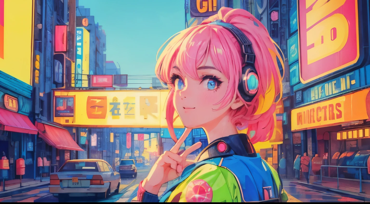 best quality, 4K wallpaper, masterpiece, extremely detailed CG unity 8k wallpaper, extremely detailed eyes, ultra-detailed, intricate details, close up 1 happy girl in center, retro art style, neon_pop art style, public, outdoors, road sign, city, people