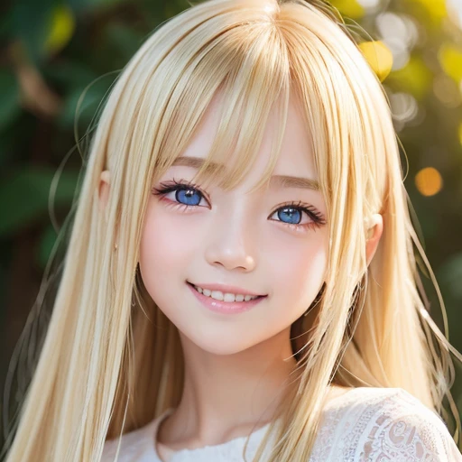 Beautiful super long straight silky hair shining dazzling golden color、bright look、blonde girl posing、long golden bangs between the eyes of the eyes,、fair skin with glossy skin、pink cheeks、shiny cheeks、Real Girl、Beautiful girl in shining golden platinum blonde、Beautiful big bright blue eyes、smooth skin、(((happy smile)))、gaze towards the viewer、Cute girl with face、(10 year old girl)、long eyelashes 、Delicate、very fine eyes、(thin eyebrows)、very very detailed face