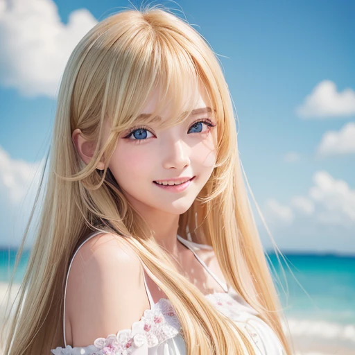 Beautiful super long straight silky hair shining dazzling golden color、bright look、blonde girl posing、long golden bangs between the eyes of the eyes,、fair skin with glossy skin、pink cheeks、shiny cheeks、Real Girl、Beautiful girl in shining golden platinum blonde、Beautiful big bright blue eyes、smooth skin、(((happy smile)))、gaze towards the viewer、Cute girl with face、(10 year old girl)、long eyelashes 、Delicate、very fine eyes、(thin eyebrows)、very very detailed face