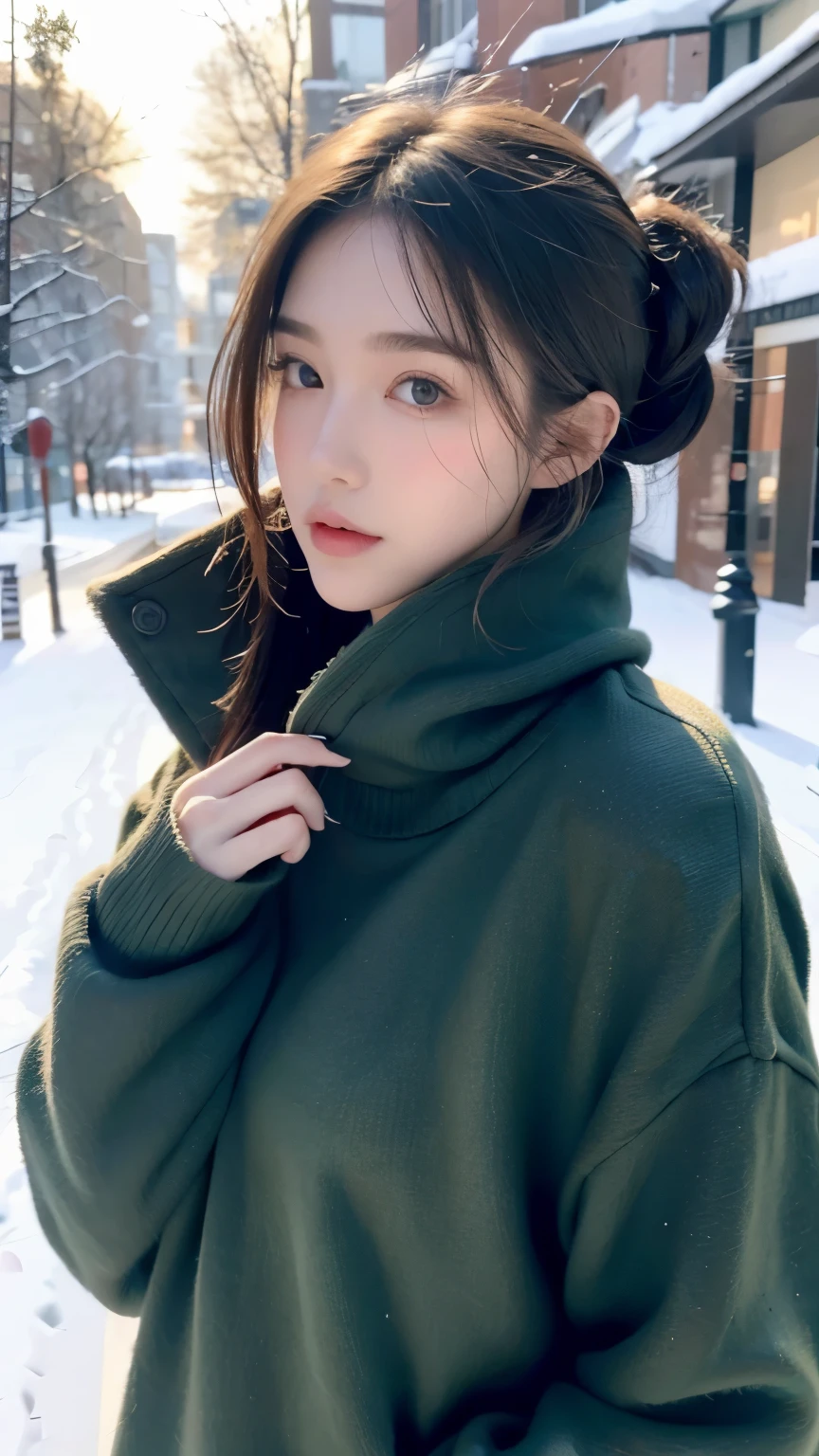 individual，young girl，23 years old, fine hair, Detailed faces, full的身材，Long hair tied up，full, Short hair details，Green winter clothing, model，snack