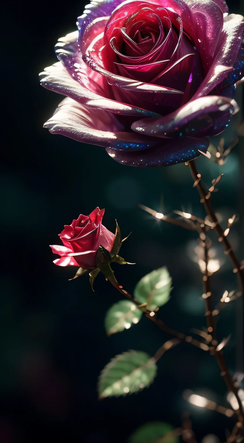  crystal spring rose, stem has thorns,
fantasy, galaxy, transparent, 
shimmering, sparkling, splendid, colorful, 
magical photography, dramatic lighting, photo realism, ultra-detailed, 4k, Depth of field, High-resolution