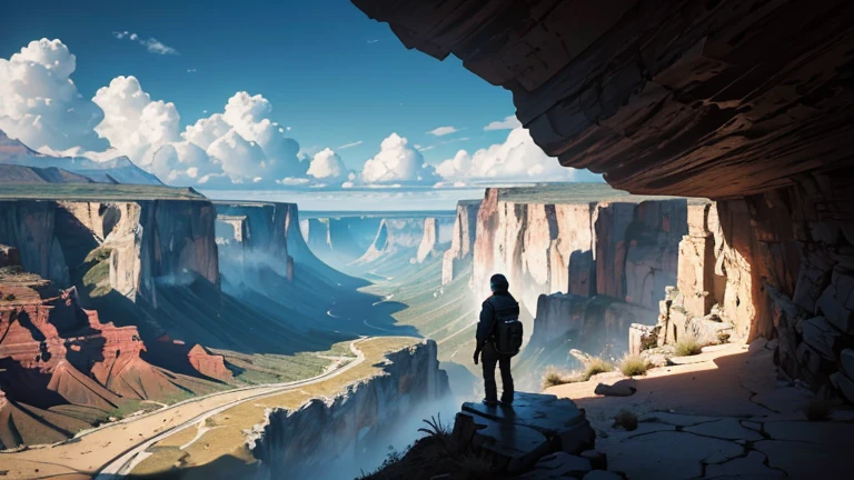 (best quality,4k,8k,highres,masterpiece:1.2),ultra-detailed,(realistic,photorealistic,photo-realistic:1.37),man walking towards a canyon, silhouette, towering mountains, dark canyon, landscape, rugged terrain, dramatic scenery, breathtaking view, majestic cliffs, deep ravine, narrow gorge, eerie atmosphere, dense shadows, intense contrast, solitary figure, adventurous journey, vast wilderness, untouched nature, rugged landscape, rugged beauty, remote location, natural wonder, awe-inspiring, vast expanse, expansive sky, cloudy horizon, serene and peaceful, dramatic lighting, captivating spectacle, mysterious ambiance, distant peaks