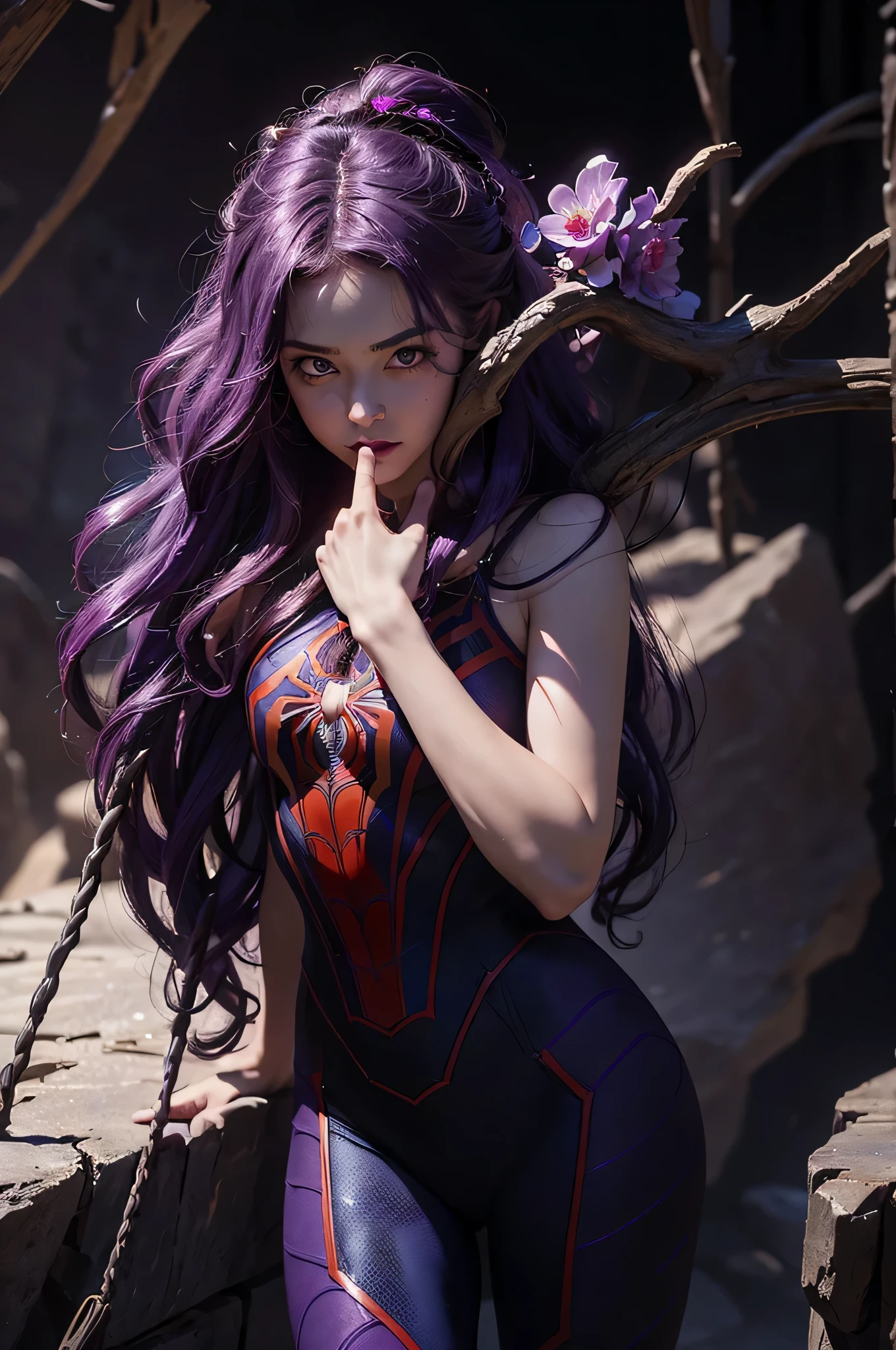 (Détails extrêmes, fond d'écran CG Unity 8K, chef-d'œuvre, la plus haute qualité), (éclairage et ombre exquis, image très dramatique, Effet de lentille cinématographique), a beautiful girl in a purple Homme araignée costume, couleur de cheveux violets bouclés, Cheveux longs, Tressage des cheveux, fleur sur la tête, bel oeil violet, Mauvais visage, lèvres pincées, from the Homme araignée parallel universe, Wenger, merveille, Homme araignée, sur la grotte, Très beau visage, Pose dynamique), (Excellent détail, excellent éclairage, grand angle), (excellent rendez-vous sur la grotte, assez pour se démarquer dans la grotte, clasocus on purple Homme araignée costumes, Textures d'araignées complexes