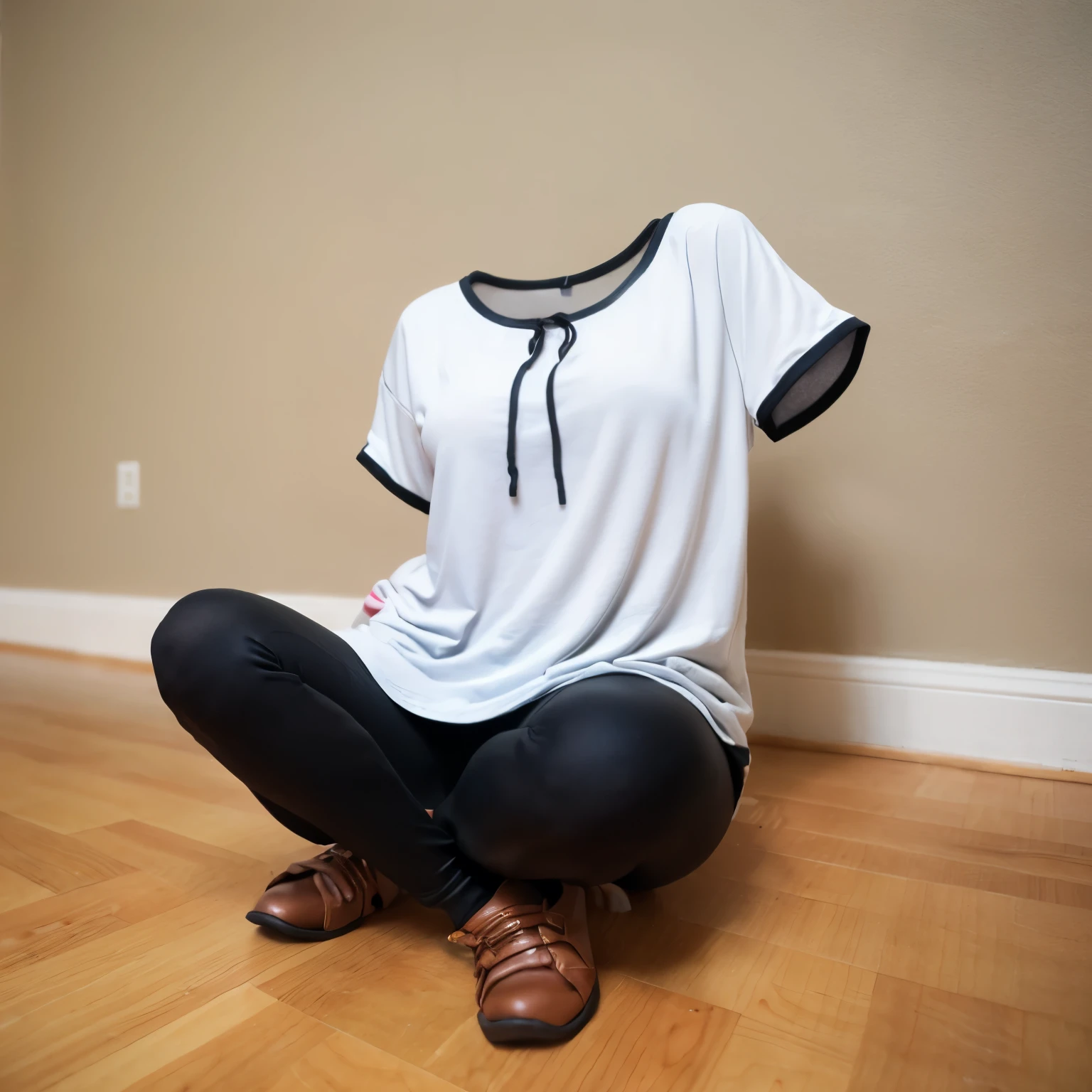 smock blouse, leggings, on floor, (invisible, no humans, headless, faceless:1.5), cute big breasts