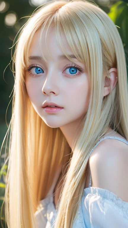 highest quality、masterpiece、ultra high resolution、(photorealistic:1.4)、1 girl、shoulder、Charm、look at the camera、A very beautiful girl with very long blonde hair、Very beautiful bright and shining light blue big eyes、very big eyes、small face beautiful girl、White, bright and young beautiful skin、cheek gloss highlight、long bangs between the eyes,