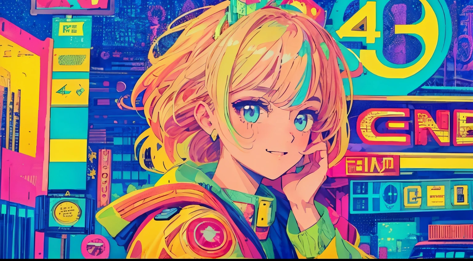 best quality, 4K wallpaper, masterpiece, extremely detailed CG unity 8k wallpaper, extremely detailed eyes, ultra-detailed, intricate details, close up 1 happy girl in center, retro art style, neon_pop art style, public, outdoors, road sign, city, people