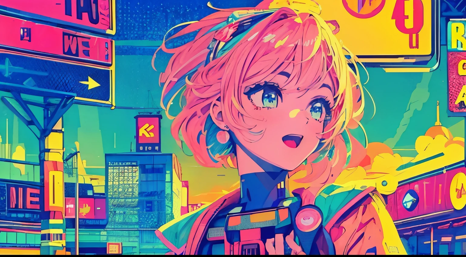 best quality, 4K wallpaper, masterpiece, extremely detailed CG unity 8k wallpaper, extremely detailed eyes, ultra-detailed, intricate details, close up 1 happy girl in center, retro art style, neon_pop art style, public, outdoors, road sign, city, people