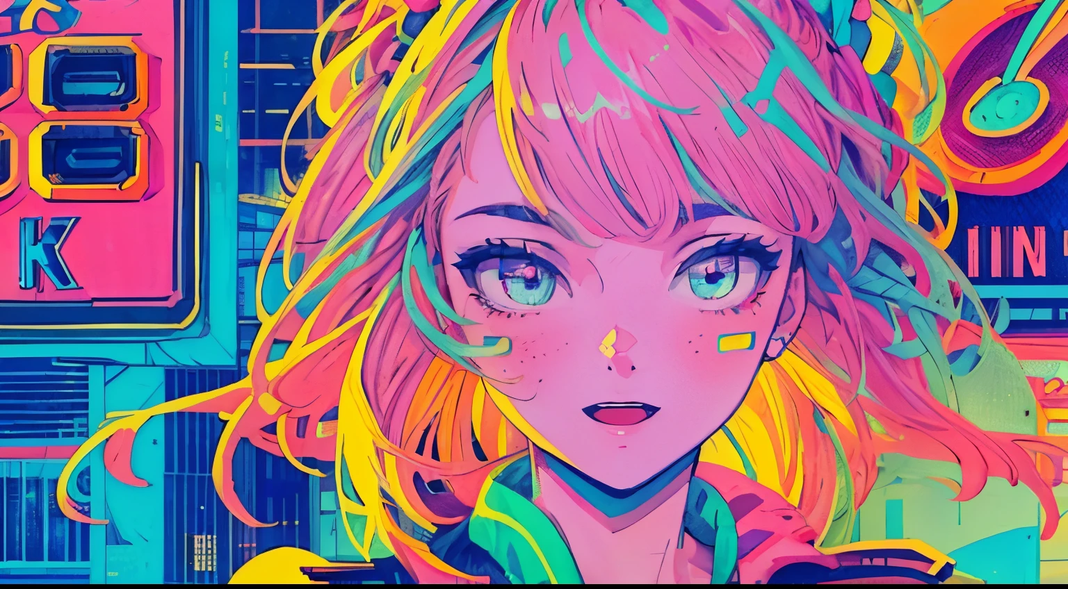 best quality, 4K wallpaper, masterpiece, extremely detailed CG unity 8k wallpaper, extremely detailed eyes, ultra-detailed, intricate details, close up 1 happy girl in center, retro art style, neon_pop art style, public, outdoors, road sign, city, people
