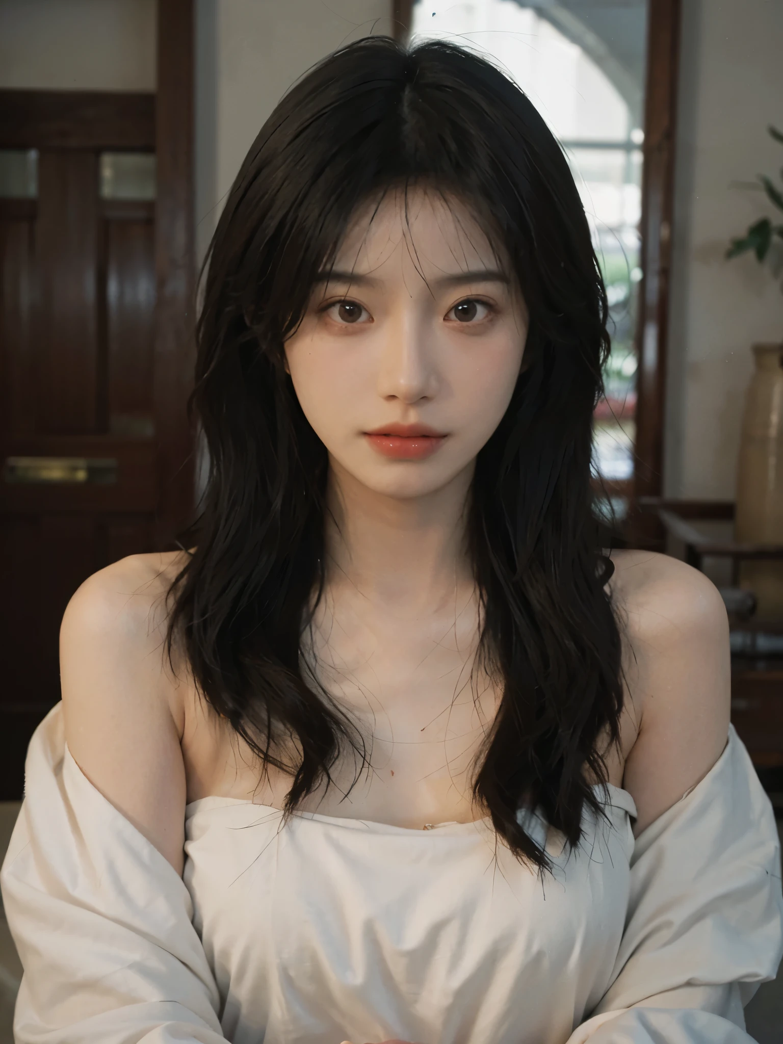 Film portrait photography, 1 girl, bare shoulders, Shoulder length wavy hair, serene, calm, (Realistic and detailed eyes, natural skin texture, Realistic facial details), Soft dramatic lighting, depth of field, Bokeh, Vibrant details, Detailed and detailed, Surrealism, 35mm film, hazy, ,