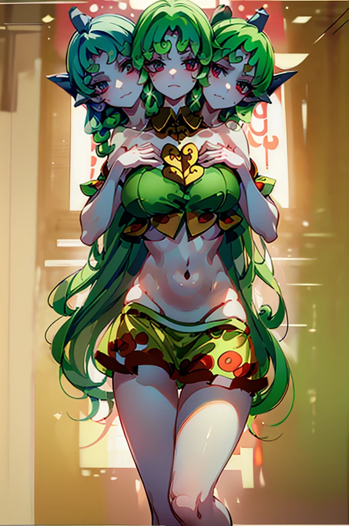 (masterpiece, best quality), best quality, (ultra-detailed), (3heads:1.5), 1girl, (komano aunn:1.3), masterpiece, best quality, red top, crop top, ((stomach)), midriff, ((groin)), white skirt, normal ears, shackles, green hair, very long hair, wavy hair, sidelocks, green eyes, parted lips, single horn, sweat, cute, toned belly, hand on own chest, eyelashes, (24 year old woman:1.3), (masterpiece:1.5), (best quality:1.5), (beautiful detailed extremely detailed CG, extremely delicate and beautiful, depth of field, (finely detailed face), (perfect details:1.2), (mature female:1.3), wide pelvis, slender, large veiny breast, 8k resolution, high quality, high definition, extremely detailed, masterpiece, green hair, long hair, alluring presence, braid, short skirt, close up, big tits, young,