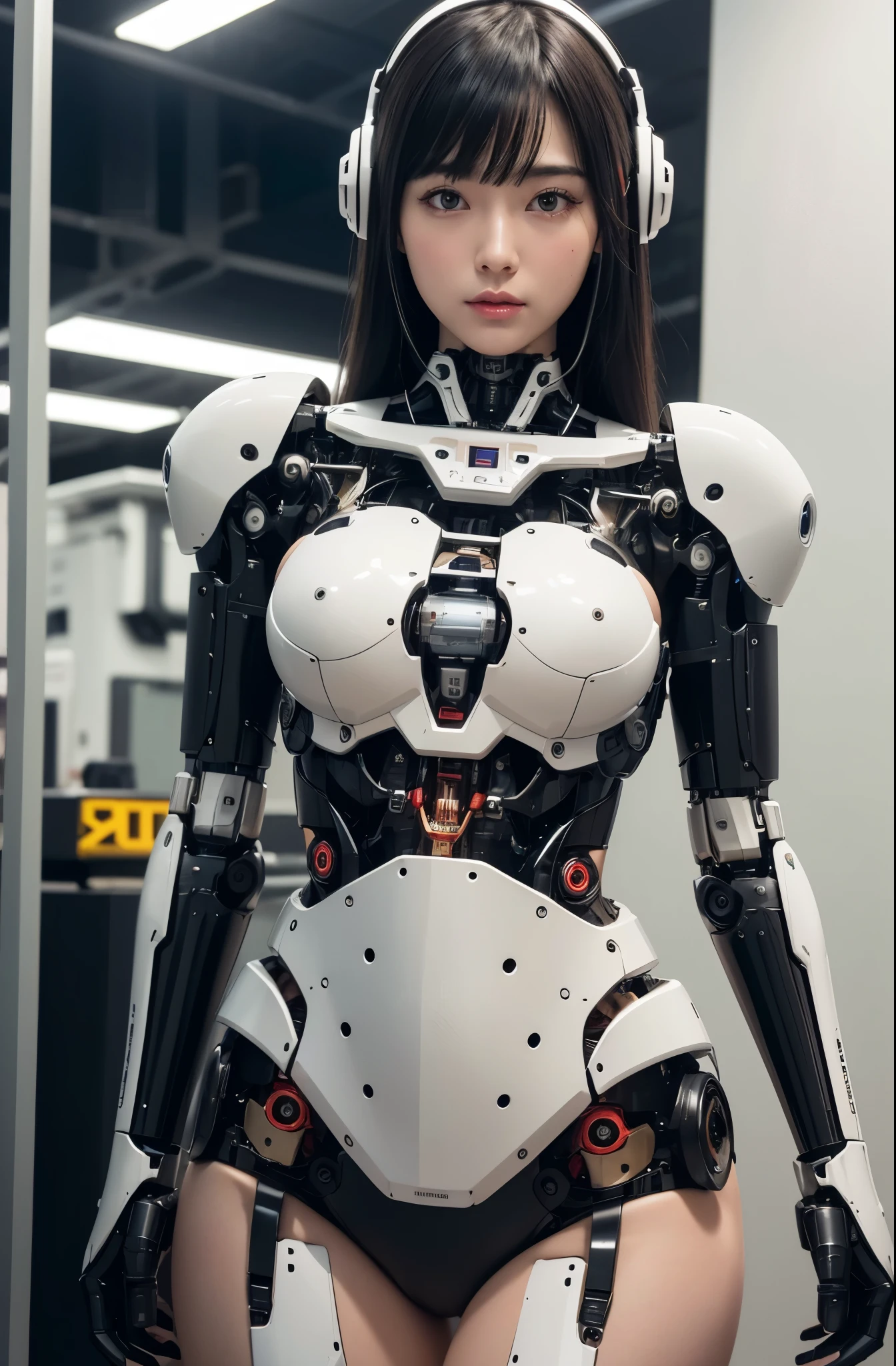 (photorealistic:1.4), (RAW photo)masutepiece, Best Quality, Extremely detailed, (Photorealistic:1.4), (8K, 4K, Best Quality, hight resolution, 超A high resolution:1.1), 8K portrait,1woman in, Japaese android woman,Plump , announcer,control panels,android,Droid,Mechanical Hand, ,Robot arms and legs, Black hair,Mechanical body,Blunt bangs,White Robotics Parts,perfect robot woman,Charging spot,Long Tube,A thick cable was connected to her neck,ceramic body ,Mechanical body, mechanical ear covers,android,robot humanoid,a bit chubby,panty,full eyes,She is exhibits,perfect mechanical body,white robotics body,future laboratory,mechanical ear cover,