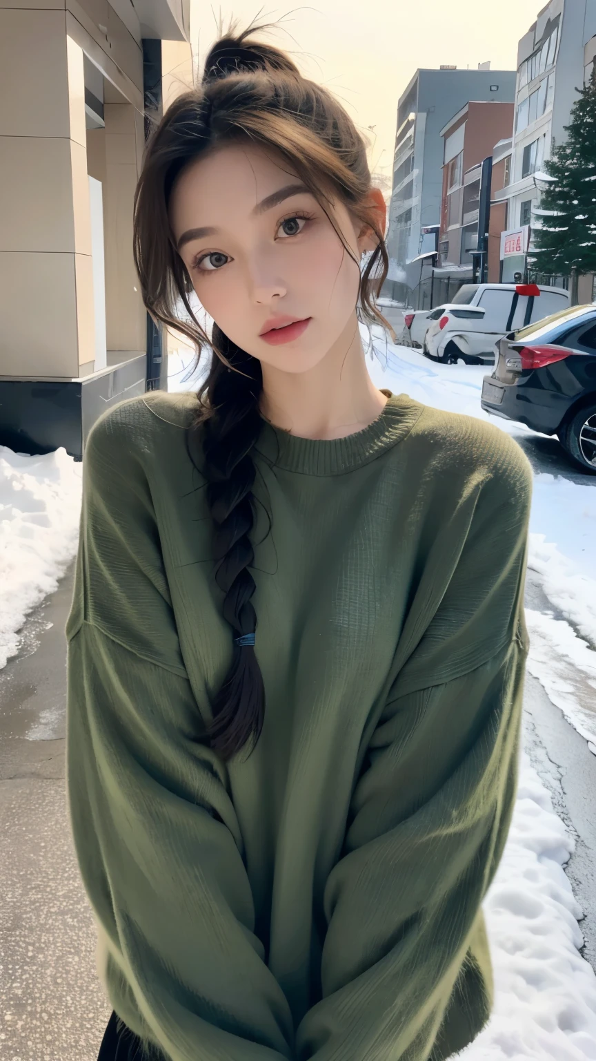 individual，young girl，23 years old, fine hair, Detailed faces, full的身材，Long hair tied up，full, Short hair details，Green winter clothing, model，snack