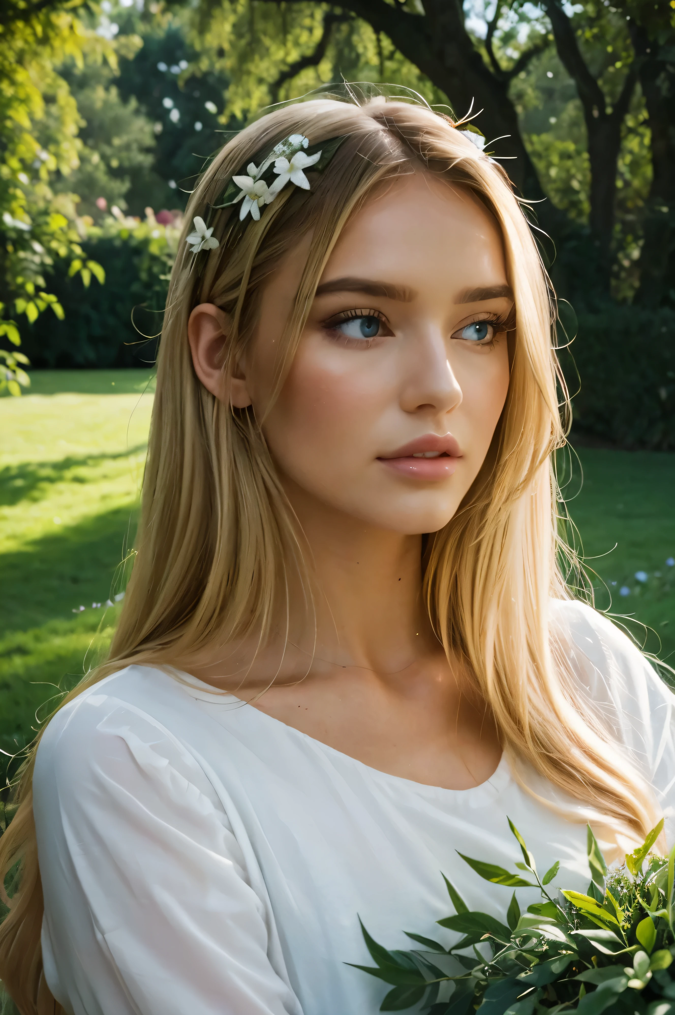 best quality, realistic, honeypuu, blonde, beautiful detailed blue eyes, incense, praying, peaceful garden environment, soft light, ethereal atmosphere, angelic-like appearance, flowing golden hair, delicate facial features, leafy trees, colorful flowers, detailed grass, serene background.