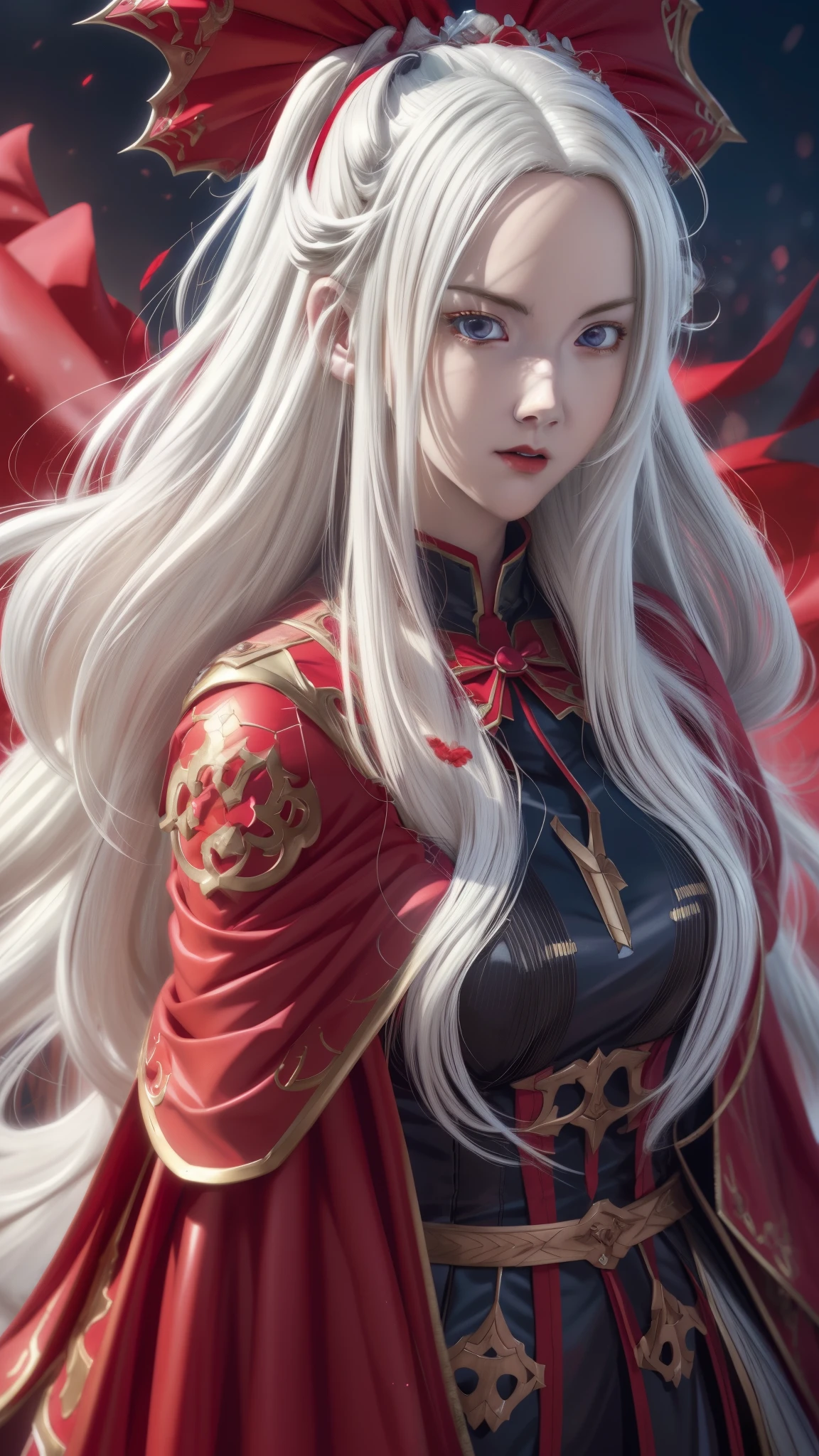 anime, a woman with long white hair and a red cape, white haired deity, detailed digital anime art, edelgard fire emblem, clean detailed anime art, detailed anime character art, detailed anime art, edelgard from fire emblem, detailed anime artwork, anime fantasy illustration, beautiful anime portrait, anime illustration, detailed key anime art, anime character art, beautiful anime artwork