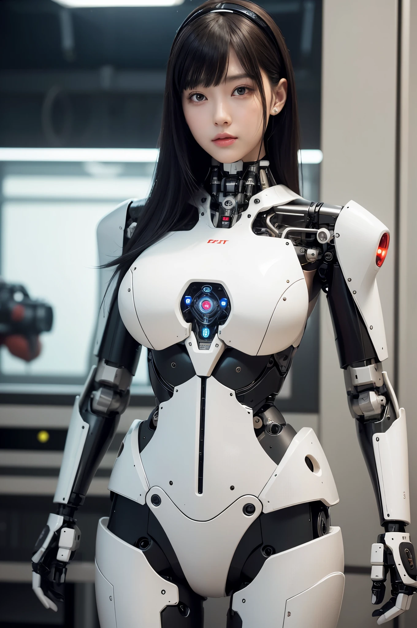 (photorealistic:1.4), (RAW photo)masutepiece, Best Quality, Extremely detailed, (Photorealistic:1.4), (8K, 4K, Best Quality, hight resolution, 超A high resolution:1.1), 8K portrait,1woman in, Japaese android woman,Plump , announcer,control panels,android,Droid,Mechanical Hand, ,Robot arms and legs, Black hair,Mechanical body,Blunt bangs,White Robotics Parts,perfect robot woman,Charging spot,Long Tube,A thick cable was connected to her neck,ceramic body ,Mechanical body, mechanical ear covers,android,robot humanoid,a bit chubby,panty,full eyes,She is exhibits,perfect mechanical body,white robotics body,future laboratory,mechanical ear cover,