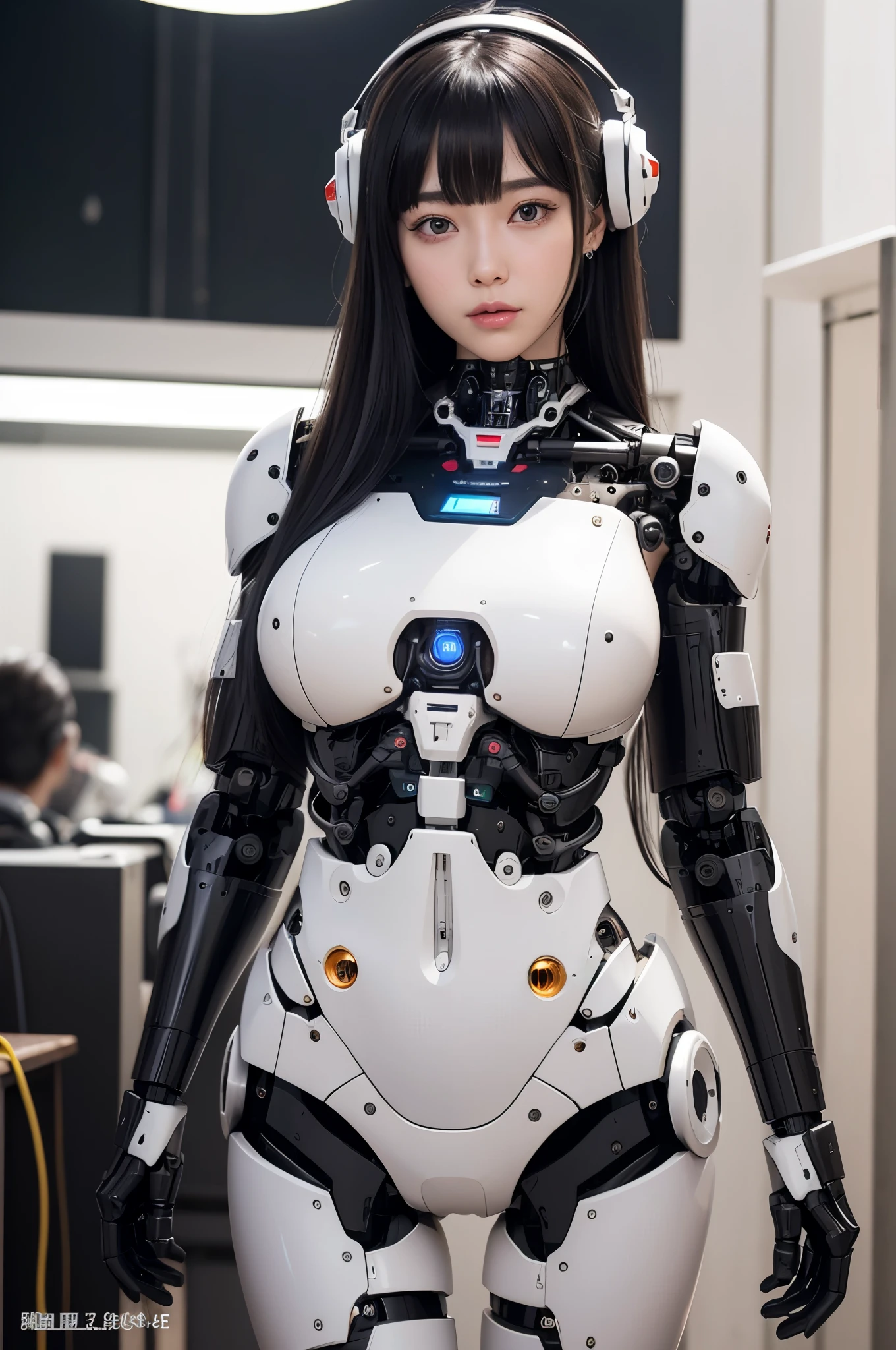 (photorealistic:1.4), (RAW photo)masutepiece, Best Quality, Extremely detailed, (Photorealistic:1.4), (8K, 4K, Best Quality, hight resolution, 超A high resolution:1.1), 8K portrait,1woman in, Japaese android woman,Plump , announcer,control panels,android,Droid,Mechanical Hand, ,Robot arms and legs, Black hair,Mechanical body,Blunt bangs,White Robotics Parts,perfect robot woman,Charging spot,Long Tube,A thick cable was connected to her neck,ceramic body ,Mechanical body, mechanical ear covers,android,robot humanoid,a bit chubby,panty,full eyes,She is exhibits,perfect mechanical body,white robotics body,future laboratory,mechanical ear cover,