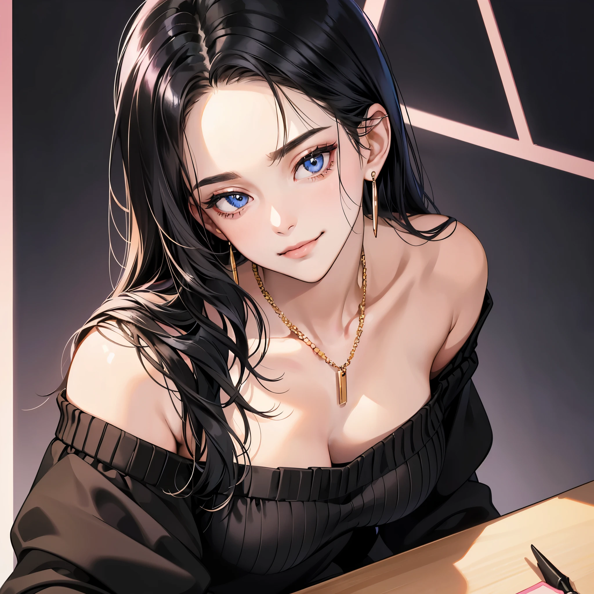 (table top, digital art, digital illustration, 4K, 8K, super detailed, beautiful images, clear image, realistic, RAW photo, perfect face, perfect lines, perfect eyes, soft lighting) ,1 female, (long black hair,Bullish gaze,beautiful woman,closed mouth,smirk,Mature,slender,23 year old female,:1.3),Wearing an off-shoulder black sweater, she looks back at the viewer.、Earrings and necklace are pink gold、Black and blue gradient background