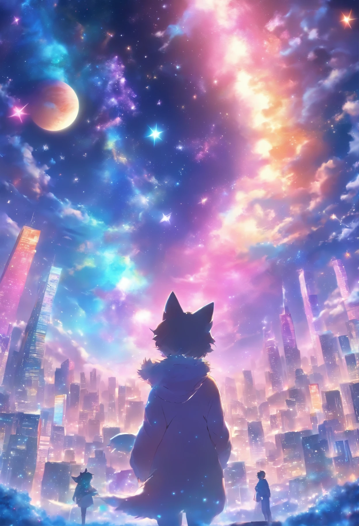 A city at night with powder snow dancing, a gentle time with cats, a magnificent landscape of space and the starry sky, planets and the moon, the back view of a female teenager, a soft expression, wrapped in the soft winter breeze, a magical and beautiful time passing by, exaggerated Identity: Powerful yet gentle, refreshing pastel colors, purple and yellow Animation A scene from a picture book, modern animation
Angle looking up at the earth Animation, super delicate, 8K 4K modern animation(高品質, 4K, 超詳細な, 現実的な:1.37), 美しい星, 見事な夜空, グリーンランドの信じられないほど詳細な星座, 銀河, きらめく星, 幻想的なオーロラ, 魅惑的な夜景, 息を呑むような夜空, 臨場感あふれる星空観察体験, 鮮やかな色, 柔らかな月明かり, 微妙なグラデーションの色合い, 雰囲気の照明, 長時間露光撮影, 平和で穏やかな雰囲気猫、オレンジ、かわいい、大きな目、傑作、満月、anime - style scene of a beautiful sky with a star and a planet, cosmic skies. by makoto shinkai, anime art wallpaper 4k, anime art wallpaper 4 k, anime art wallpaper 8 k, anime wallpaper 4k, anime wallpaper 4 k, 4k anime wallpaper, anime sky, amazing wallpaper, anime background, heaven planet in background, anime background art