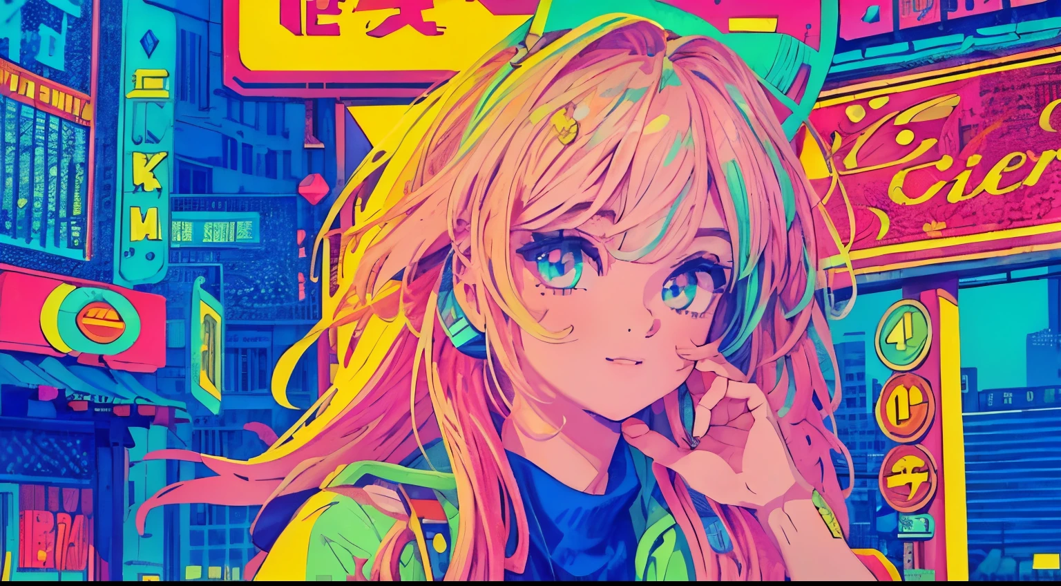 best quality, 4K wallpaper, masterpiece, extremely detailed CG unity 8k wallpaper, extremely detailed eyes, ultra-detailed, intricate details, close up 1 happy girl in center, retro art style, neon_pop art style, public, outdoors, road sign, city, people