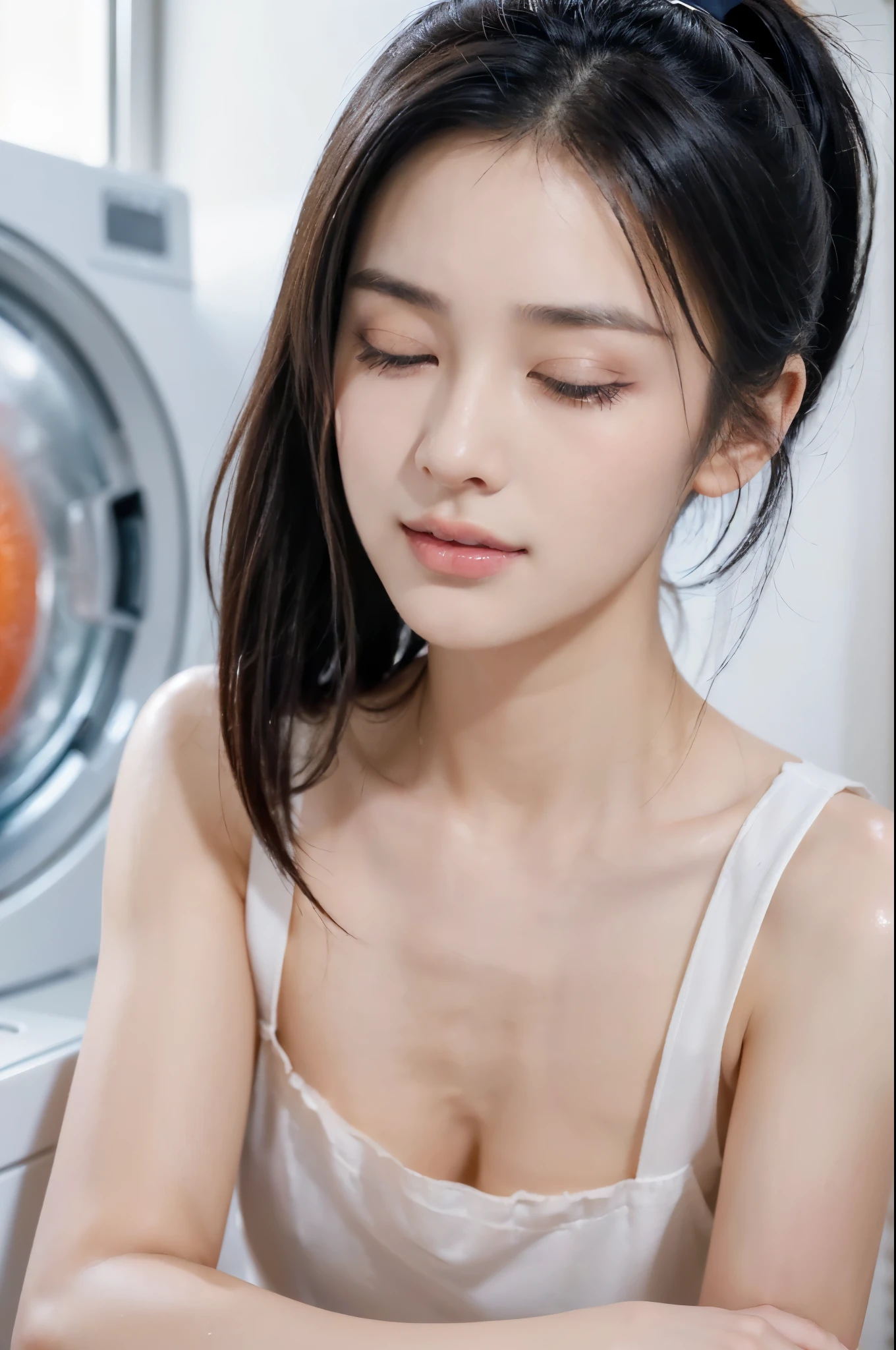 ((((8k))),((Extremely meticulous CG)) ,(wallpaper),16k,((Extremely refined and beautiful)),(((Masterpiece))),(((best qualtiy))),(((Ultra High Resolution))),beautiful light up,Perfect lightning,realistic shaded,[A high resolution],(Smooth and flawless fair skin:1.5),(pale skin:1.3),Extremely exquisite facial details,(perfect body:1.1),ultra-detailed,A beautiful girl,solo,small head,(shoulder-length straight black hair:1.1),(short ponytail:1.2),(close eyes:1.5),(open mouth:1.3),(blush:1.3),(female orgasmic:1.5),ahegao,small face,Exquisite makeup,(a lot of Liquid milk on the face:1.3),(small breasts:1.1),flat chests,slim,thin,(laughing:1.2),(Maxi black apron:1.3),(day scene:1.5),indoor,(In the restroom:1.5),(Beside the washing machine:1.3),(detailed background:1.5),(close-up of face:1.5),(from front:1.3),