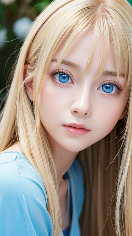highest quality、masterpiece、ultra high resolution、(photorealistic:1.4)、1 girl、shoulder、Charm、look at the camera、A very beautiful girl with very long blonde hair、Very beautiful bright and shining light blue big eyes、very big eyes、small face beautiful girl、White, bright and young beautiful skin、cheek gloss highlight、long bangs between the eyes,