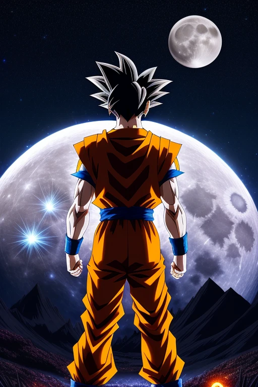Goku ,black spiky hair ,orange suit , standing , looking up ,from behind , white full moon, galaxy background , stars in the sky , dark background , dragon balls, wallpaper , 8k , ultra HD