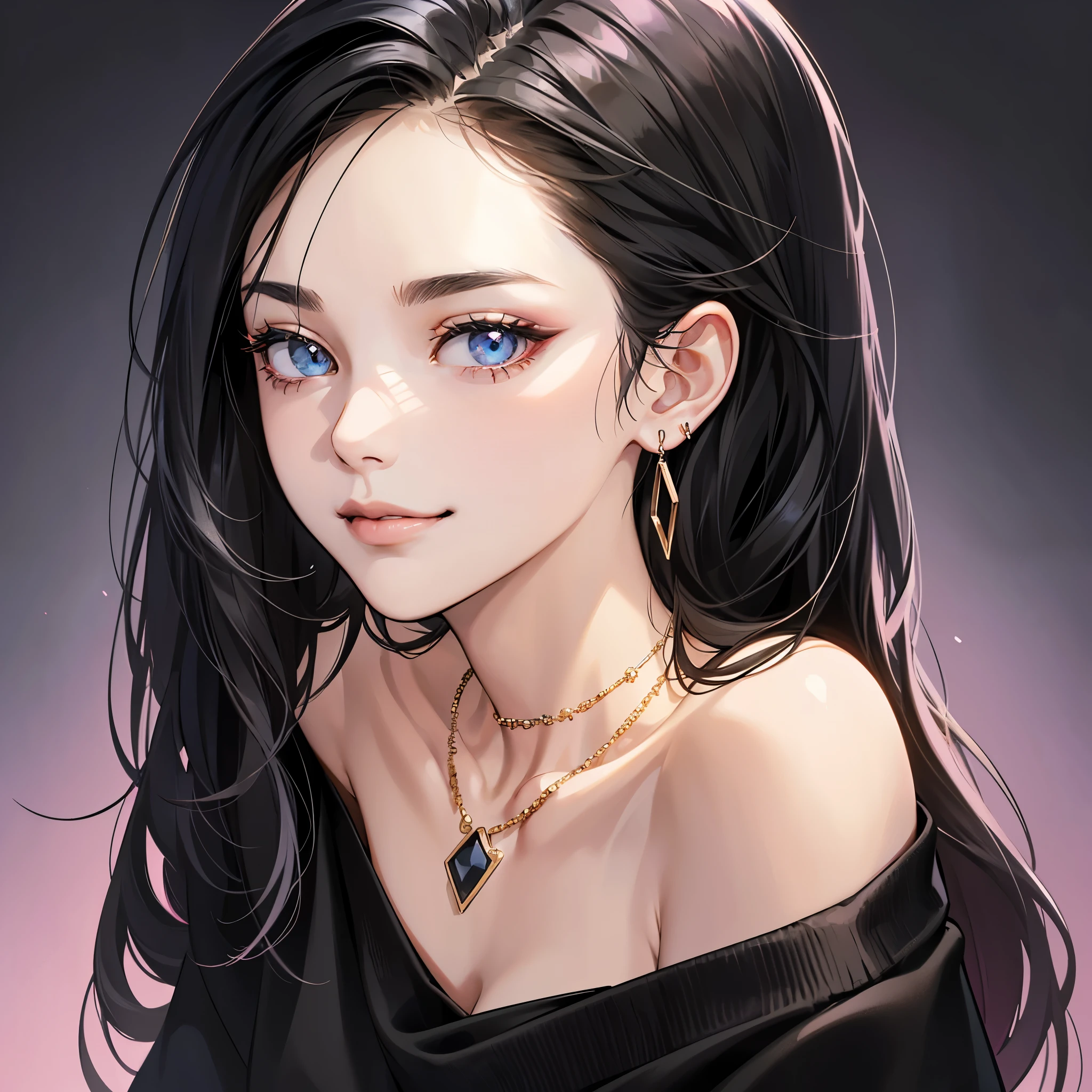 (table top, digital art, digital illustration, 4K, 8K, super detailed, beautiful images, clear image, realistic, RAW photo, perfect face, perfect lines, perfect eyes, soft lighting) ,1 female, (long black hair,Bullish gaze,beautiful woman,closed mouth,smirk,Mature,slender,23 year old female,:1.3),Wearing an off-shoulder black sweater, she looks back at the viewer.、Earrings and necklace are pink gold、Black and blue gradient background