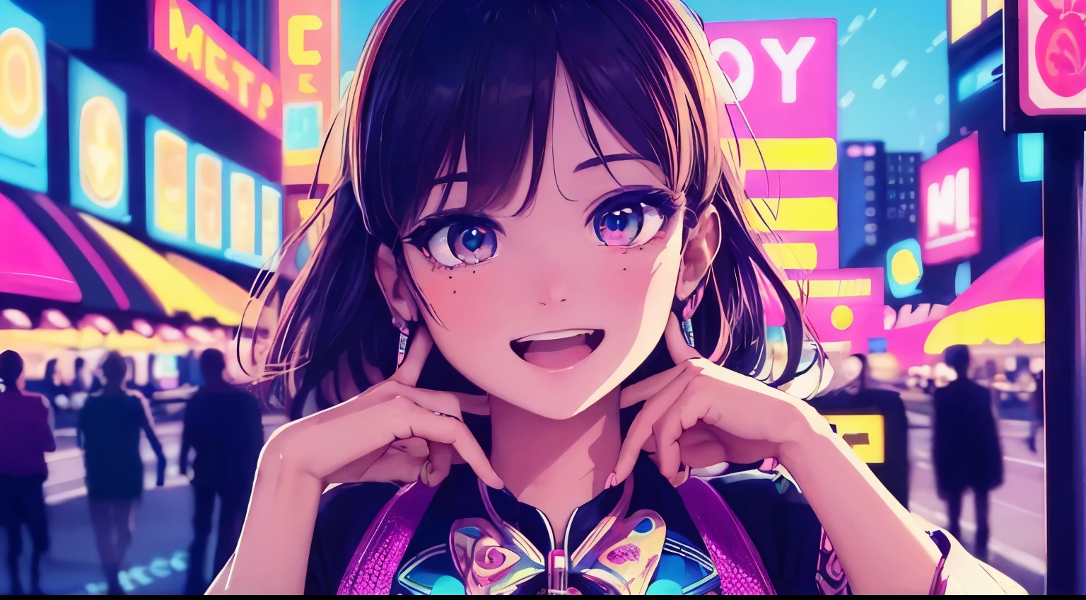 best quality, 4K wallpaper, masterpiece, extremely detailed CG unity 8k wallpaper, extremely detailed eyes, ultra-detailed, intricate details, close up 1 happy girl in center, retro art style, neon_pop art style, public, outdoors, road sign, city, people, no hand in the photo
