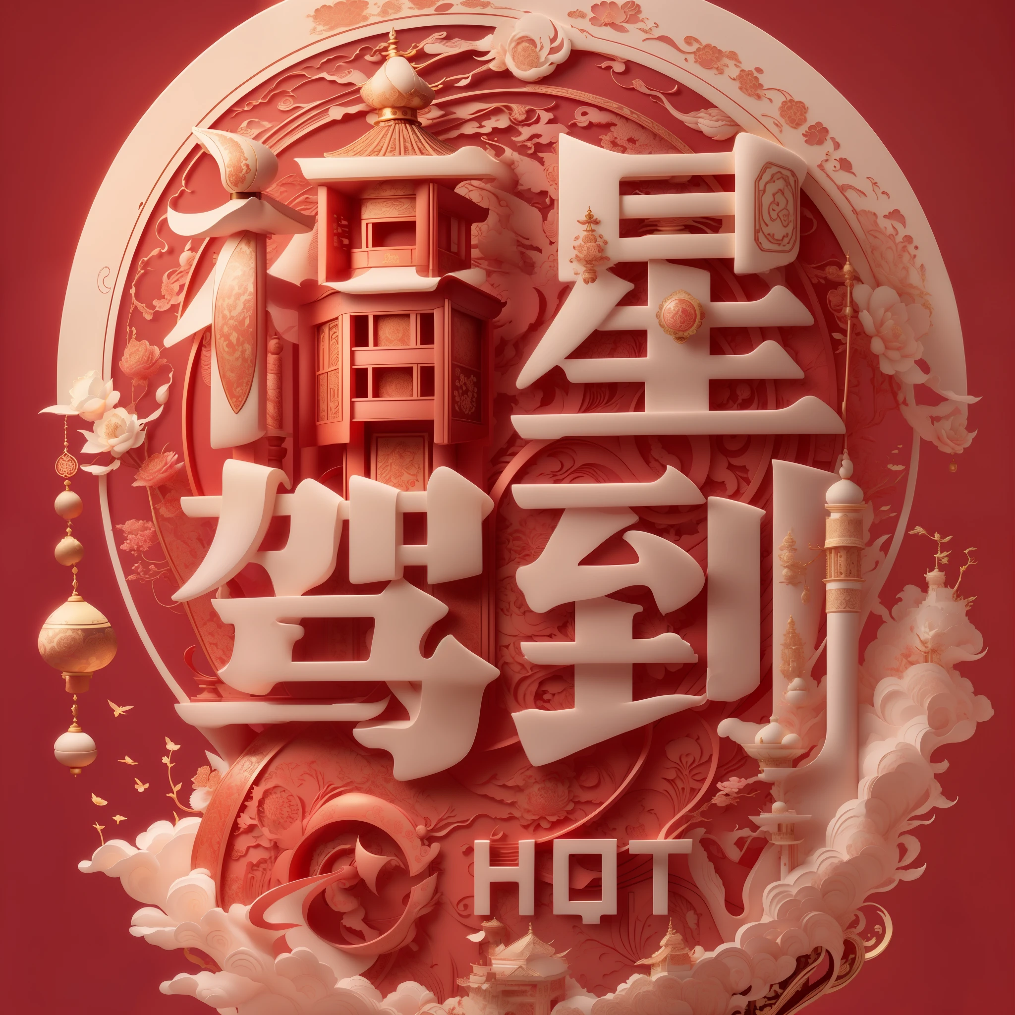 American chinese character on top of background,simple big red background(santan seal moon,Leifeng Tower,west lake,lotus),super detailed,high quality,gramophone record, Ray tracing,Beautiful chinoiserie,The golden curve