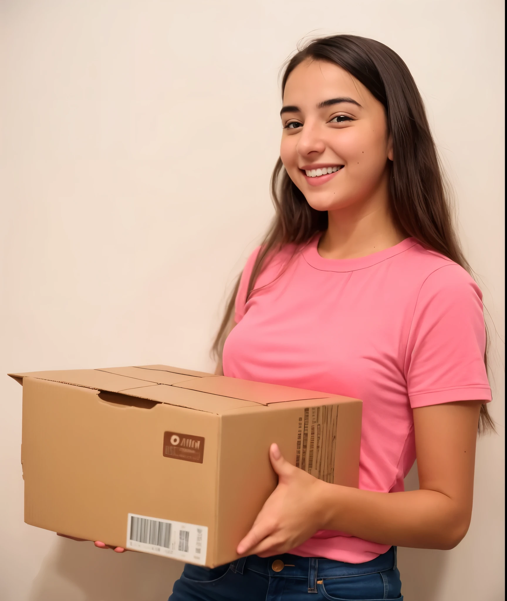 a woman holding a box in her hands and smiling, entregando caixa de encomendas, entregando pacotes para amazon, with a happy expression, jovem, delivering mail, segurando um material, photo of mulher jovem, she is smiling and excited, Pequeno, em movimento, a cute mulher jovem, infp mulher jovem, mulher jovem, retrato de alta qualidade, prompt mulher jovem, carregando uma bandeja