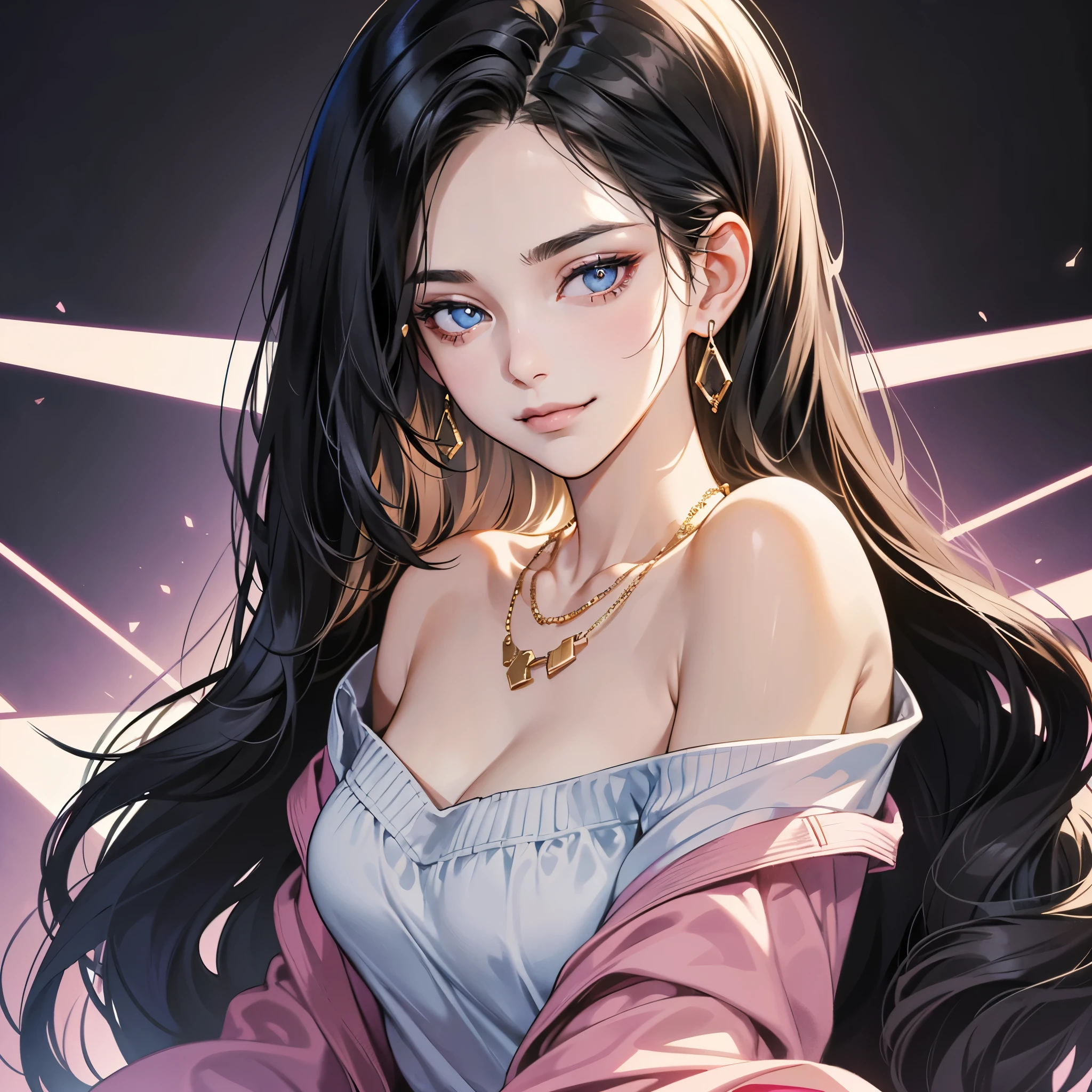 (table top, digital art, digital illustration, 4K, 8K, super detailed, beautiful images, clear image, realistic, RAW photo, perfect face, perfect lines, perfect eyes, soft lighting) ,1 female, (long black hair,Bullish gaze,beautiful woman,closed mouth,smirk,Mature,slender,23 year old female,:1.3),Wearing an off-shoulder black sweater, she looks back at the viewer.、Earrings and necklace are pink gold、Black and blue gradient background