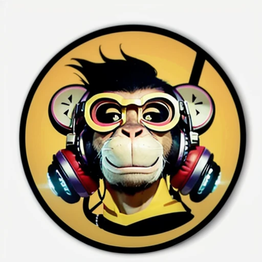 (best quality,highres),round vinyl album sticker,ape with a boring face,monkey,big round ears,mohawk hairstyle,((Dj headphones are floating below the face)),transparent background,colorful,eye-catching,vibrant,vintage style,cartoonish,retro vibes
