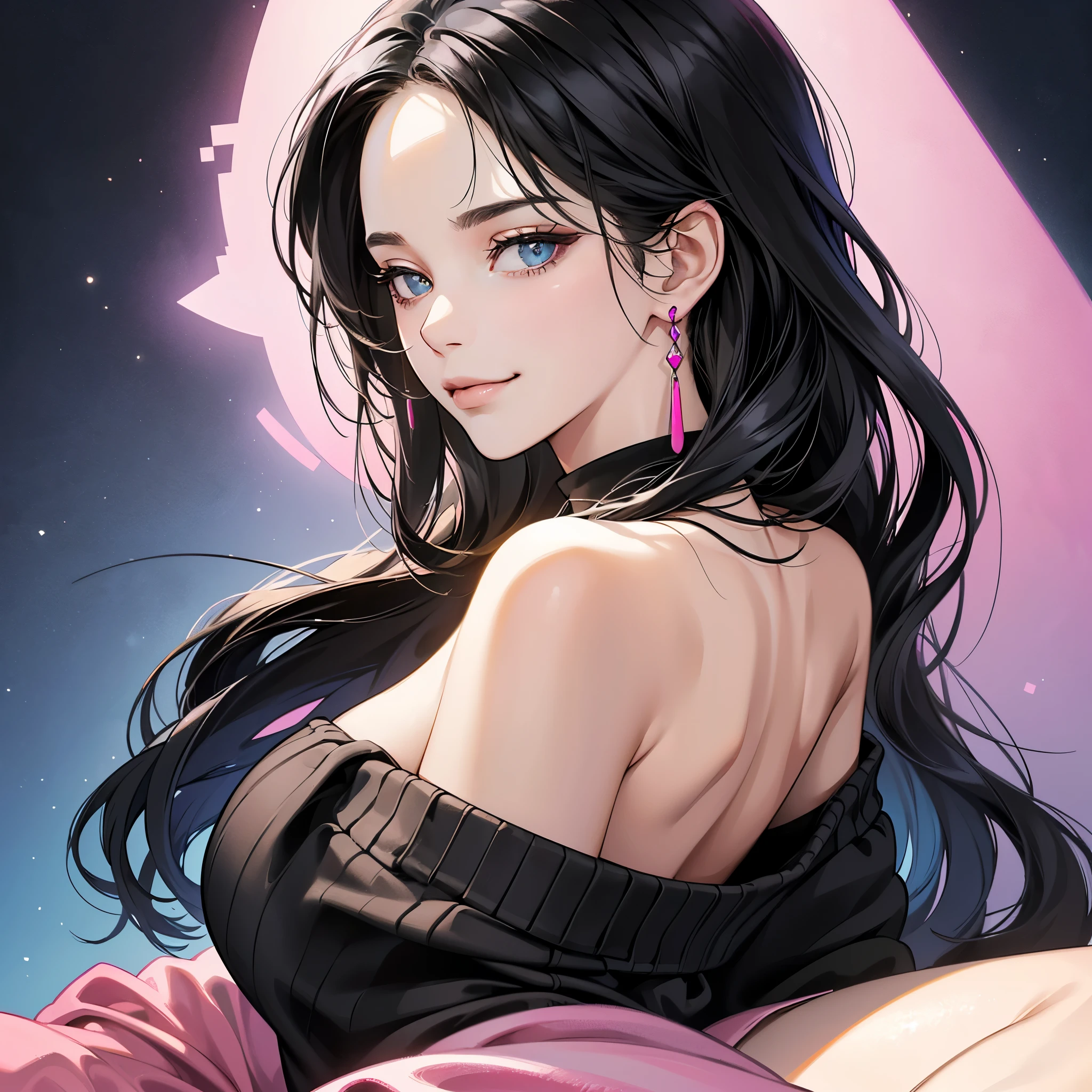 (table top, digital art, digital illustration, 4K, 8K, super detailed, beautiful images, clear image, realistic, RAW photo, perfect face, perfect lines, perfect eyes, soft lighting) ,1 female, (long black hair,Bullish gaze,beautiful woman,closed mouth,smirk,Mature,slender,23 year old female,:1.3),Wearing an off-shoulder black sweater, she looks back at the viewer.、Earrings and necklace are pink gold、Black and blue gradient background