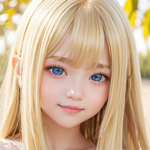 Beautiful super long straight silky hair shining dazzling golden color、bright look、blonde girl posing、long golden bangs between the eyes of the eyes,,,,、fair skin with glossy skin、pink cheeks、shiny cheeks、Real Girl、（10 year old girl）、Beautiful girl in shining golden platinum blonde、Beautiful big bright blue eyes、happy smile