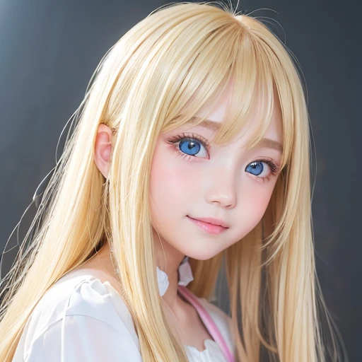 Beautiful super long straight silky hair shining dazzling golden color、bright look、blonde girl posing、long golden bangs between the eyes of the eyes,,,,、fair skin with glossy skin、pink cheeks、shiny cheeks、Real Girl、(10 year old girl)、Beautiful girl in shining golden platinum blonde、Beautiful big bright blue eyes、happy smile