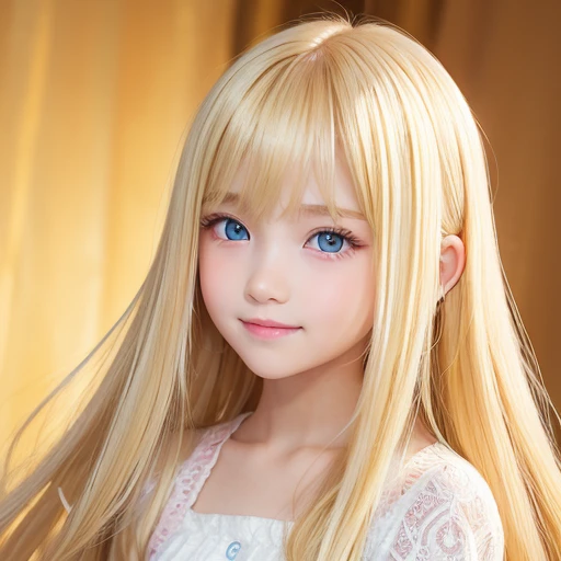 Beautiful super long straight silky hair shining dazzling golden color、bright look、blonde girl posing、long golden bangs between the eyes of the eyes,,,,、fair skin with glossy skin、pink cheeks、shiny cheeks、Real Girl、(10 year old girl)、Beautiful girl in shining golden platinum blonde、Beautiful big bright blue eyes、happy smile