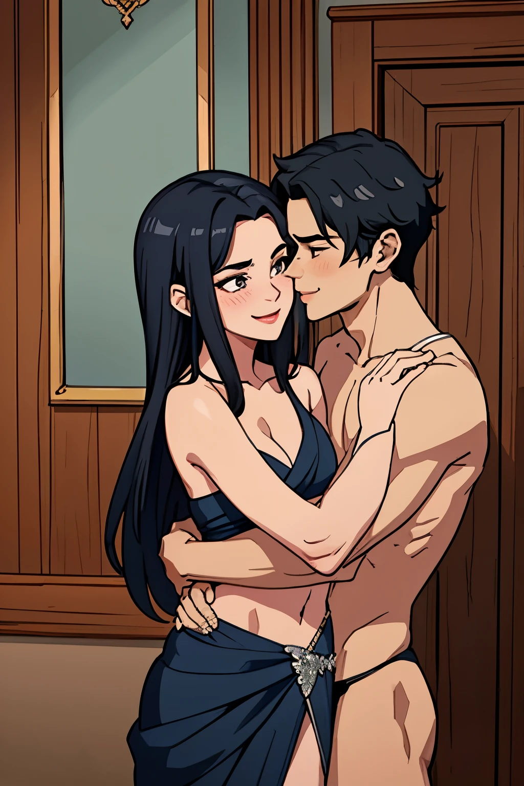Shirtless boy kissing and making out passionately with a sexy woman, long straight black hair, navy blue saree with silver embroidery, seductive gaze and smile, blushing intensely, perfect body, hot
