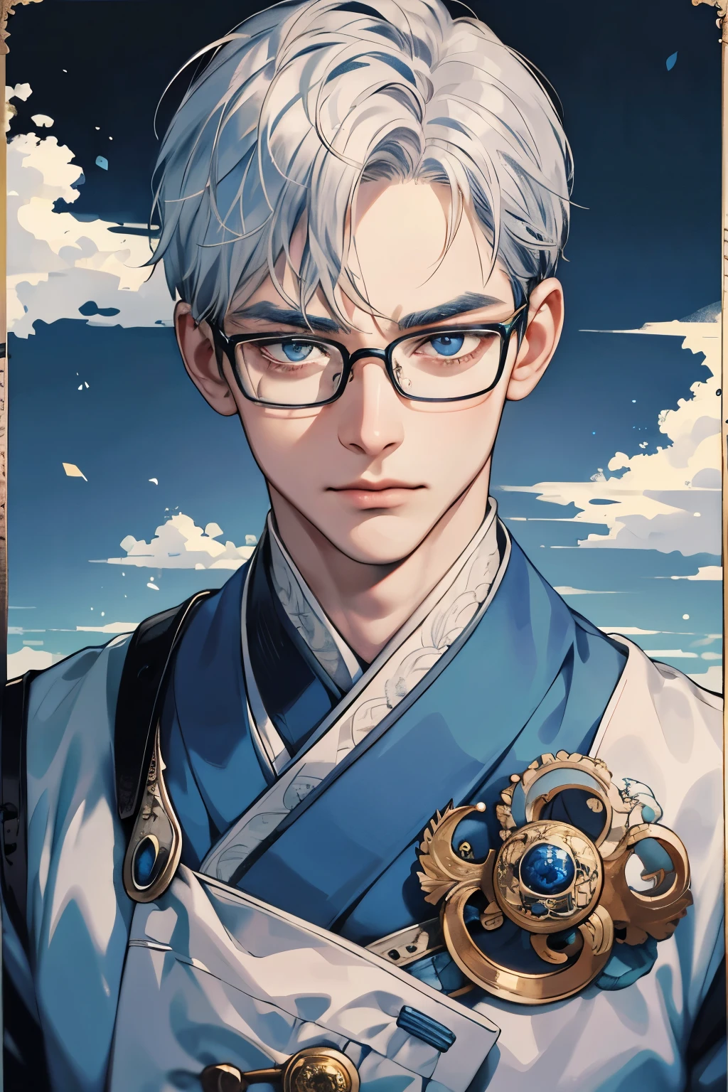 Gojo, wearing glasses with intricately detailed frames, blue eyes that gleam with intelligence and intensity, a detailed face with expressive features and subtle wrinkles around the eyes, showcasing a sharp focus and unwavering gaze, captured in an ultradetailed, high resolution image.
