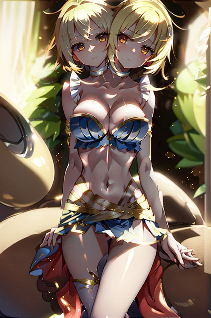 (masterpiece, best quality),best quality, best resolution, (ultra-detailed), (3heads:1.5), 1girl, (mugetsu:1.3), masterpiece, best quality, pink and blue top, crop top, ((stomach)), midriff, ((groin)), blue skirt, normal ears, shackles, blonde hair, very long hair, wavy hair, sidelocks, yellow eyes, parted lips, single horn, sweat, cute, toned belly, hand on own chest, eyelashes, (23 year old woman:1.3), (masterpiece:1.5), (best quality:1.5), (beautiful detailed extremely detailed CG, extremely delicate and beautiful, depth of field, (finely detailed face), (perfect details:1.2), (mature female:1.3), wide pelvis, slender, large veiny breast, 8k resolution, very high quality, very high definition, extremely detailed, masterpiece, blonde hair, long hair, alluring presence, braid, short skirt, close up, big tits, young, short hair,